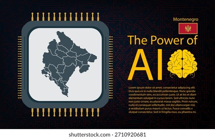 Montenegro map with microchip war and AI concept on circuit board, Power of AI with country map. Global connectivity with big data. Design for UI backgrounds or FinTech projects.