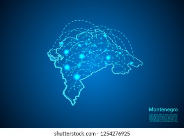 montenegro map with nodes linked by lines. concept of global communication and business. Dark montenegro map created from white dots with travel locations or internet connection.