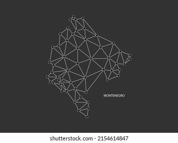 Montenegro Map Point scales on black background. Wire frame polygonal network white line, dot and shadow dot.