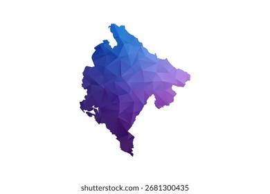 Mapa de Montenegro - Ilustración vectorial de estilo polígono en degradado azul y púrpura, diseño geométrico de bajo poli, aislado sobre fondo blanco, ideal para infografías y materiales de aprendizaje.