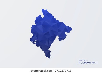 Mapa de Montenegro - Ilustração de vetor estilo polígono no gradiente azul profundo, baixo projeto geométrico poly, Silhueta limpa isolada no fundo branco para infográficos.