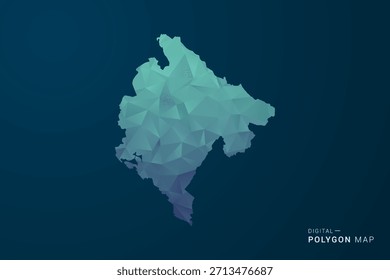 Mapa de Montenegro - Ilustración vectorial de estilo polígono con degradado azul azulado, diseño geométrico de bajo poli, inspirado en la Tecnología digital y silueta limpia sobre fondo oscuro.