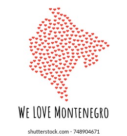 Montenegro Map with red hearts- symbol of love. abstract background with text We Love Montenegro. vector illustration. Print for t-shirt