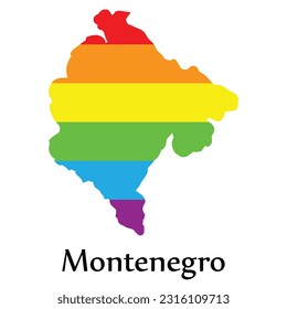 Montenegro map shape fill rainbow color isolated on white background. Design concept country accept pride LGBT.