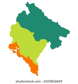 Montenegro map. Map of Montenegro in three main regions in multicolor