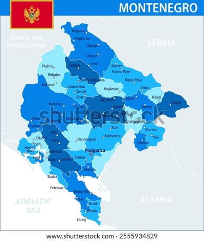 Montenegro Map Vector Blue Spot - Customizable layered political map of Montenegro with administrative divisions for website, education, reports, news, politics, print, poster and wallpaper