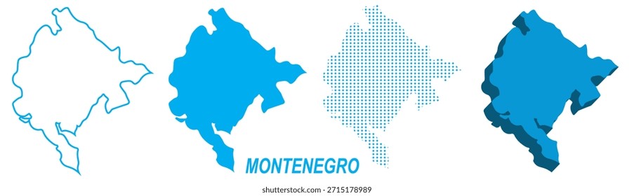 Montenegro Mapa Vetor Set, Europa Contorno Silhueta Pontilhada Formas Sólidas 3D, Montenegro País Infográfico Modelo, Editável EPS Montenegro Geografia