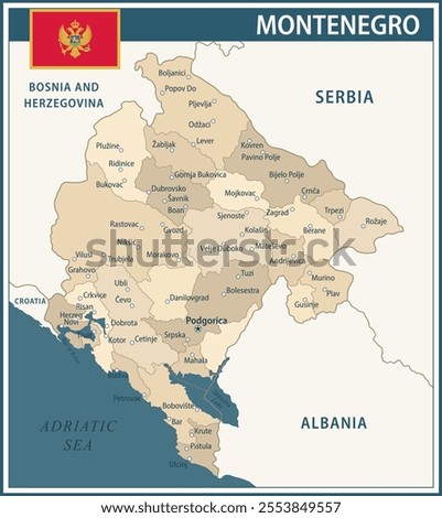 Montenegro Map Vector Vintage Dark Blue Beige - Customizable layered political map of Montenegro with administrative divisions for website, education, reports, news, politics, print, poster and wallpa