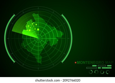 Mapa de Montenegro - Mapa Mundial Plantilla vectorial internacional con el estilo de radar de círculo futurista HUD, GUI, interfaz de interfaz de usuario aislada en fondo verde oscuro - Ilustración vectorial eps 10