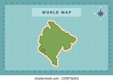 Mapa de Montenegro - Mapa mundial Mapa internacional de la plantilla vectorial Alto detallado con color verde y crema aislado en el fondo azul incluyendo icono de la rosa de la brújula - Ilustración vectorial eps 10