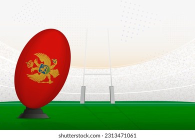 Selección nacional de Montenegro: pelota de rugby en estadio de rugby y puestos de gol, preparándose para un penal o patada libre. Ilustración vectorial.