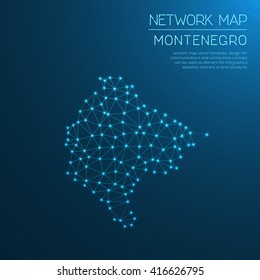 Montenegro network map. Abstract polygonal Montenegro network map design with glowing dots and lines. Map of Montenegro networks. Vector illustration.