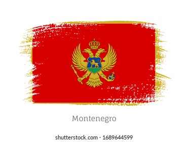 Montenegro official flag in shape of paintbrush stroke. Montenegrin national identity symbol. Grunge brush blot isolated on white background vector illustration. Montenegro country patriotic stamp.