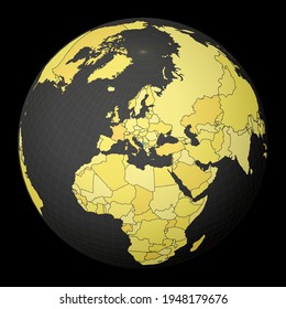 Montenegro on dark globe with yellow world map. Country highlighted with blue color. Satellite world projection centered to Montenegro. Powerful vector illustration.