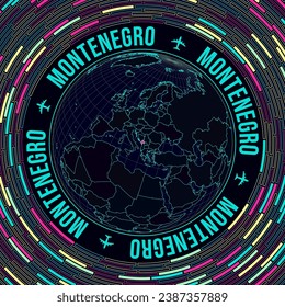 Montenegro on globe. Satelite view of the world centered to Montenegro. Bright neon style. Futuristic radial bricks background. Trendy vector illustration.