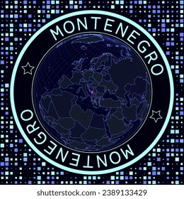 Montenegro on globe vector. Futuristic satelite view of the world centered to Montenegro. Geographical illustration with shape of country and squares background. Bright neon colors on dark background.