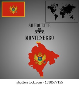 Montenegro outline world map silhouette vector illustration, creative design background, national country flag, objects, element, symbols from countries all continents set. 