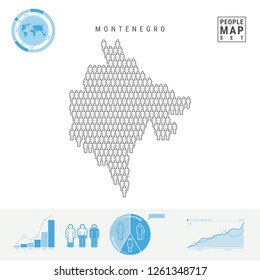 Montenegro People Icon Map. People Crowd in the Shape of a Map of Montenegro. Stylized Silhouette of Montenegro. Population Growth, Aging Infographic Elements. Vector Illustration Isolated on White.