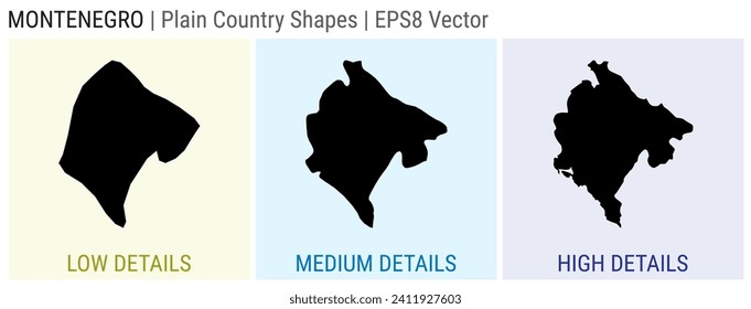 Montenegro - plain country shape. Low, medium and high detailed maps of Montenegro. EPS8 Vector illustration.