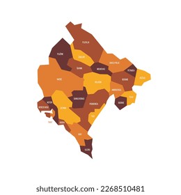 Montenegro political map of administrative divisions - municipalities. Flat vector map with name labels. Brown - orange color scheme.
