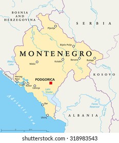 Montenegro political map with capital Podgorica, national borders, important cities, rivers and lakes. English labeling and scaling. Illustration.