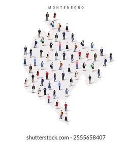 Montenegro population map. Large group of realistic a diverse crowd of people figures in a shape of Montenegrin map. Flat vector illustration isolated on white.