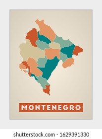 Montenegro poster. Map of the country with colorful regions. Shape of Montenegro with country name. Vibrant vector illustration.