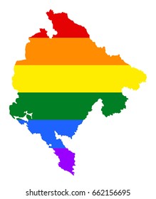 Montenegro pride gay vector map with rainbow flag colors. Europe country. EU state. 