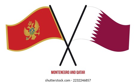 Montenegro and Qatar Flags Crossed And Waving Flat Style. Official Proportion. Correct Colors.
