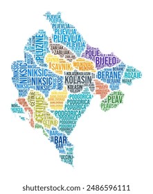 Montenegro region word cloud. Country shape design. Montenegro colored illustration. Region names collage cloud. Vector illustration.