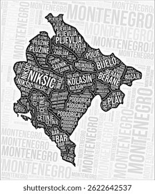 Montenegro regions map word cloud. Montenegro region names. Black and white map design. Creative vector illustration.
