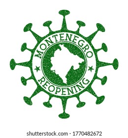 Montenegro Reopening Stamp. Green round badge of country with map of Montenegro. Country opening after lockdown. Vector illustration.