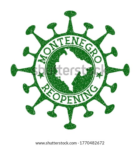 Montenegro Reopening Stamp. Green round badge of country with map of Montenegro. Country opening after lockdown. Vector illustration.