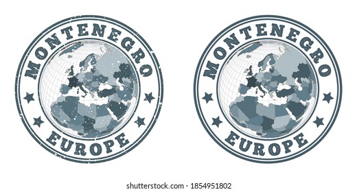 Montenegro round logos. Circular badges of country with map of Montenegro in world context. Plain and textured country stamps. Vector illustration.