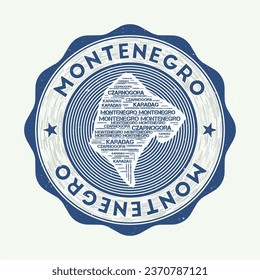 Montenegro seal. Country round logo with shape of Montenegro and country name in multiple languages word cloud. Astonishing emblem. Attractive vector illustration.