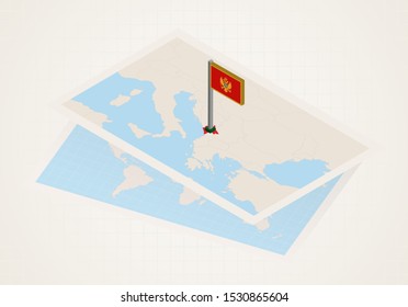 Montenegro selected on map with isometric flag of Montenegro. Vector paper map.