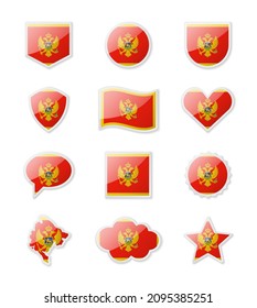 Montenegro - set of country flags in the form of stickers of various shapes. Vector illustration