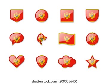 Montenegro - set of shiny flags of different shapes. Vector illustration