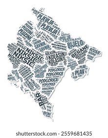 Montenegro shape text cloud. Country border with shadow on white background. Montenegro with regions division in vintage gazette style. Artistic vector illustration.