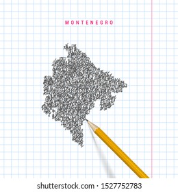 Montenegro sketch scribble map drawn on checkered school notebook paper background. Hand drawn vector map of Montenegro. Realistic 3D pencil.