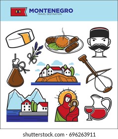 Montenegro tourism travel famous symbols and tourist culture landmarks vector icons