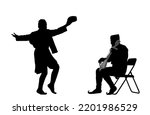 Montenegro traditional wedding dance Oro and Balkan music player, singer guslar play gusle vector silhouette illustration. Folklore event. Groom man dancer. Dancing with fiddle string instrument.