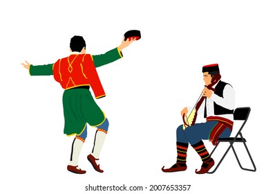 Montenegro traditionelle Hochzeitstanz Oro und Balkan Musik-Player, Sänger Guslar spielen Gusle Vektorgrafik. Folklore-Ereignis. Groom-Mann-Tänzerin. Tanzt mit dem Fiddle-Saiteninstrument. Fröhliches Vergnügen.