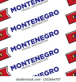 Montenegro travel destination and national flag of red color. European country symbol, travelling, tourism concept seamless pattern with text. Graphic flat vector illustration on white background.