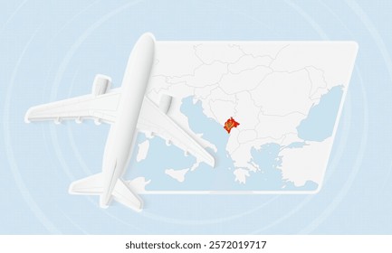 Montenegro Travel Illustration with Plane and National Flag. Ideal for travel agencies, promotional materials, or geographic content related to Montenegro.