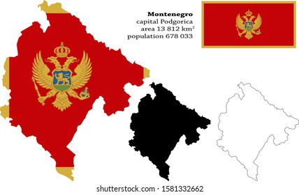 Montenegro vector map, flag, borders, mask , capital, area and population infographic