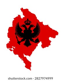 Montenegro vector map silhouette illustration isolated on white background. High detailed. Montenegro coat of arms, seal or national emblem, isolated on white background.