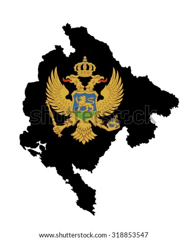 Montenegro vector map silhouette illustration isolated on white background. High detailed  illustration. Montenegro coat of arms, seal or national emblem, isolated on white background.