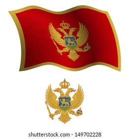 montenegro wavy flag and coat of arm against white background, vector art illustration, image contains transparency