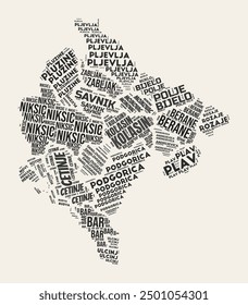 Montenegro Word Cloud. Country with regions division. Montenegro typographic text clouds vector image design. Vintage gazette style country shape image. Trending vector illustration.